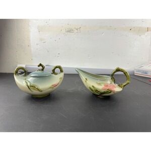 Hull Pottery Wildflower Sugar Bowl and Creamer Set W27 W28 Pink Green Vintage